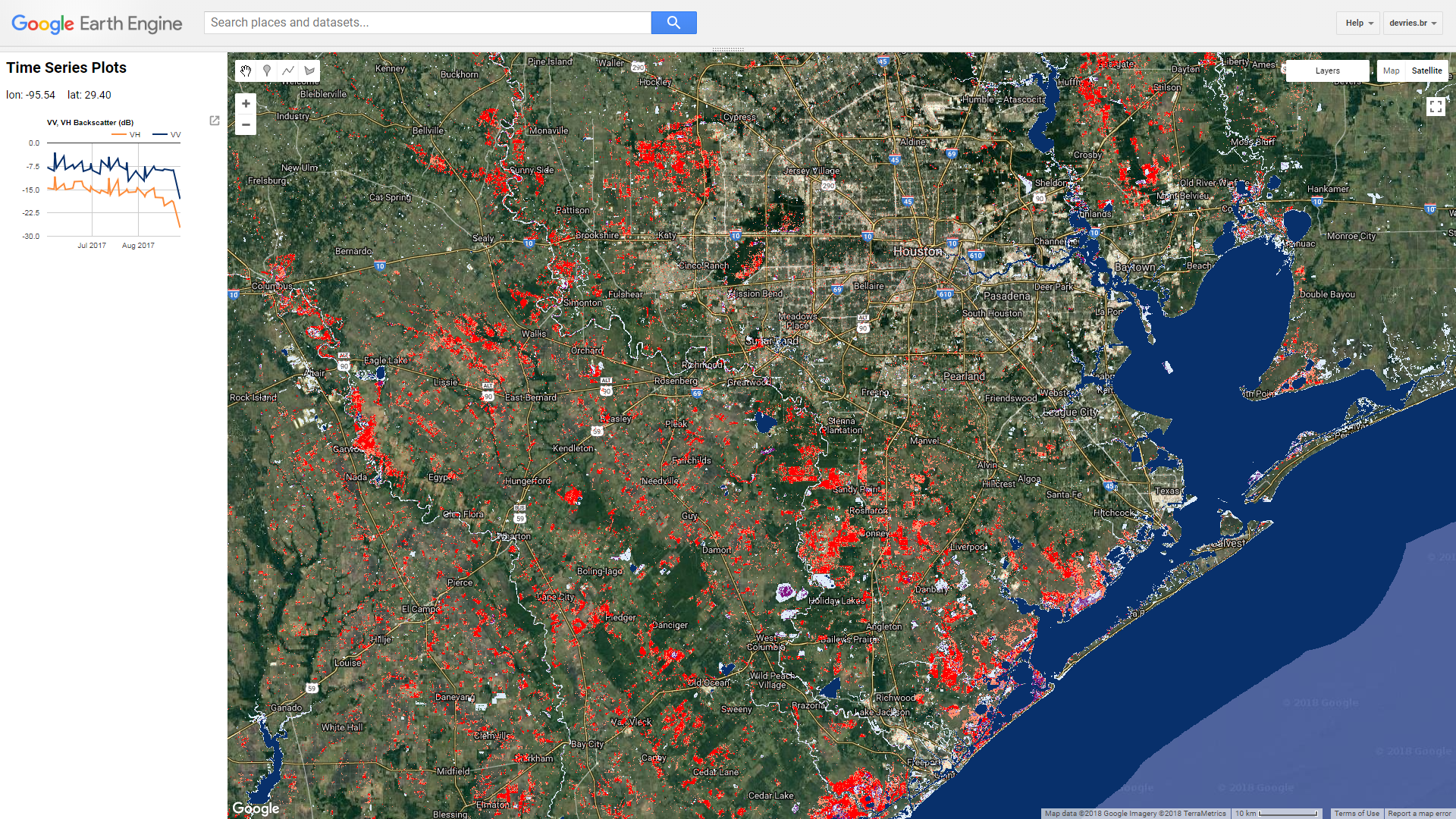 screenshot of a Google Earth Engine flood monitoring app